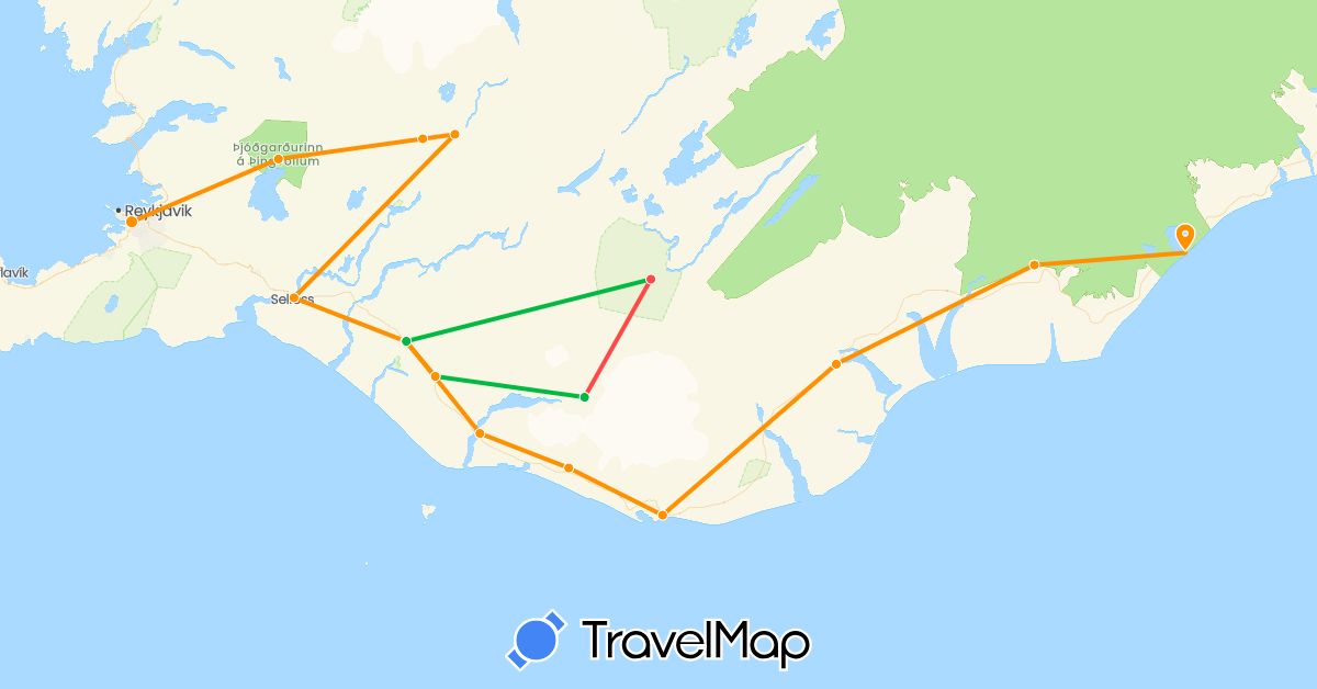 TravelMap itinerary: driving, bus, hiking, hitchhiking in Iceland (Europe)