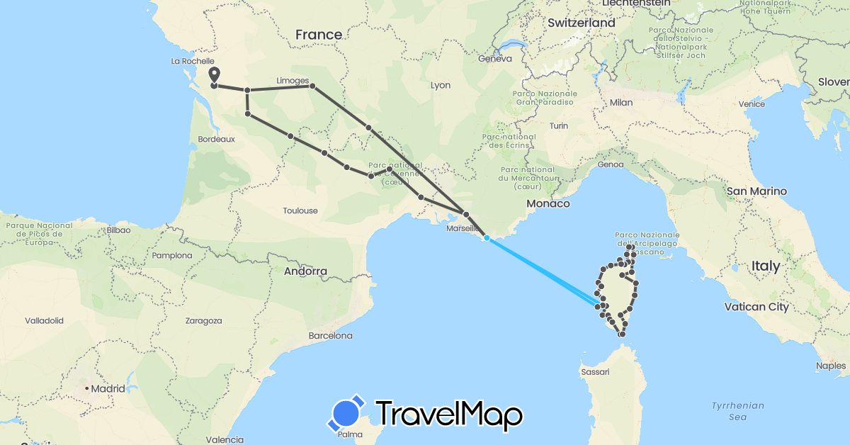 TravelMap itinerary: driving, boat, motorbike in France (Europe)