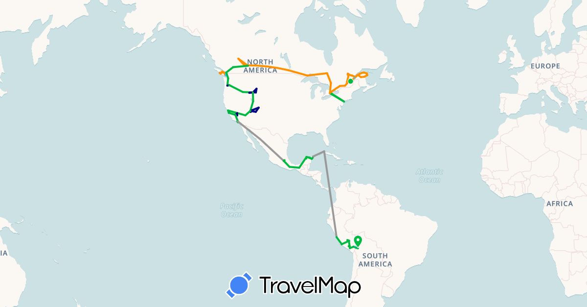 TravelMap itinerary: driving, bus, plane, boat, hitchhiking in Bolivia, Canada, Mexico, Peru, United States (North America, South America)