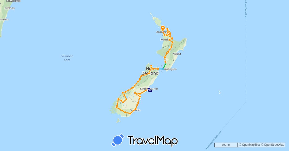 TravelMap itinerary: driving, bus, boat, hitchhiking in New Zealand (Oceania)